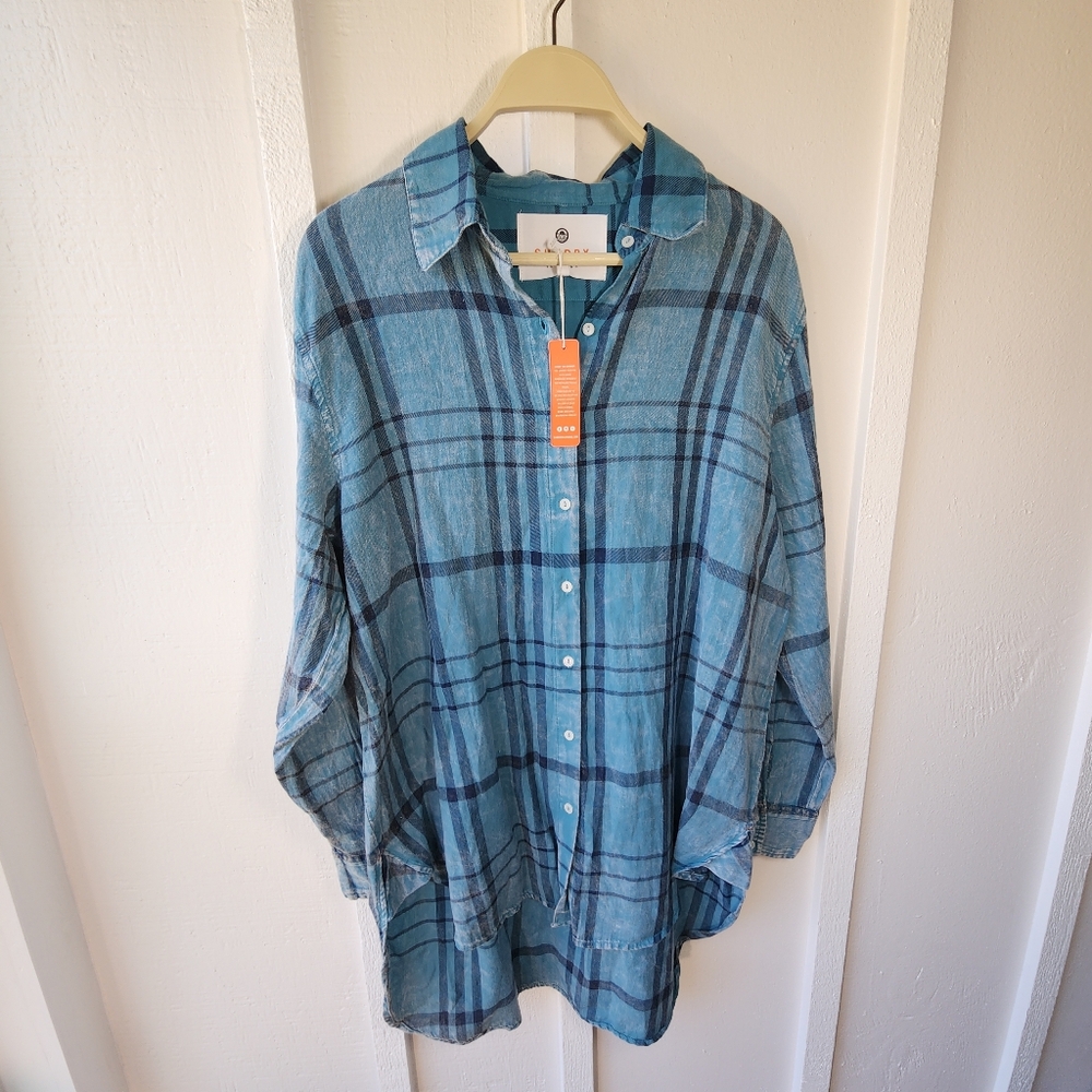 Sundry Blue Cotton Plaid Button Down Tunic Shirt Long-Line Size 1